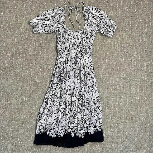 Anthropologie Squareneck Smocked Midi Dress Floral Lavender and Black Small - Picture 4 of 4